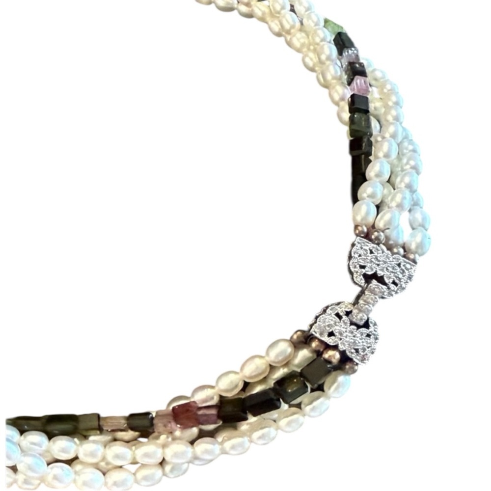 Five Stand Peal and Rectangle Tourmaline Necklace with Bow Closure